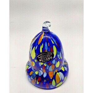 Murano Art Glass Bell Shaped Ornament Millefiori Italy Blue Label 3-3/4" Tall